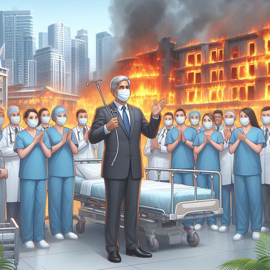 AI-generated image of a man in a suit standing in front of a group of applauding nurses, and a building that is clearly on fire.