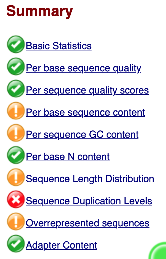 Summary section of a FastQC report showing passes for most sections, warnings for some sections, and failure for a single section.