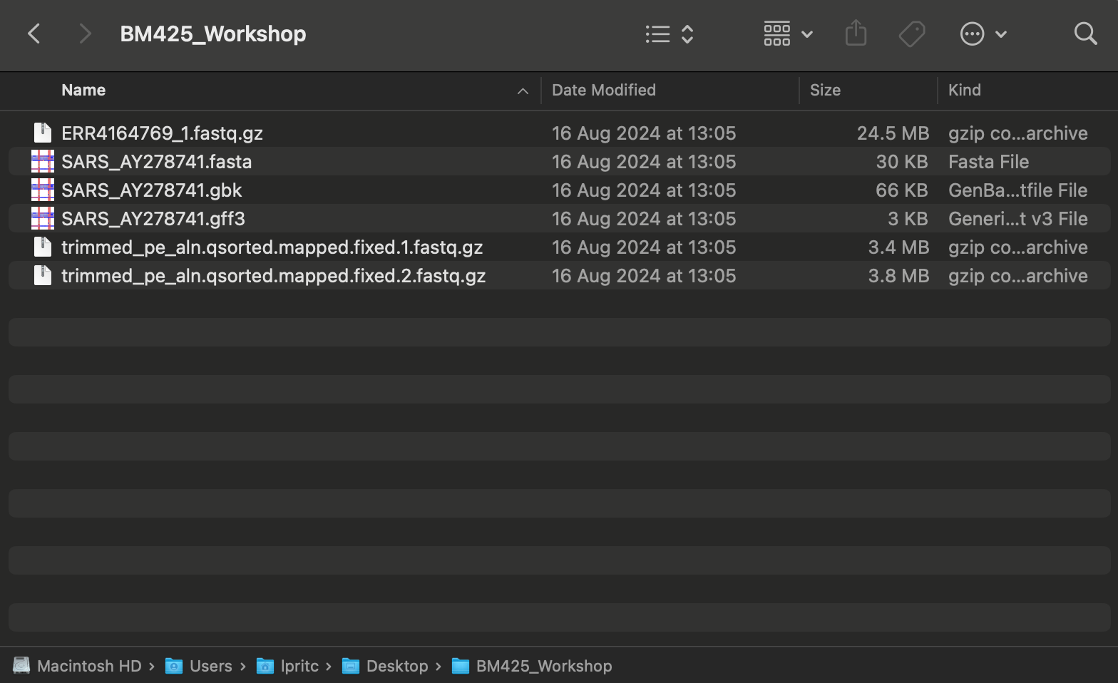 macOS folder called BM425_Workshop, containing the downloaded files required for this workshop.