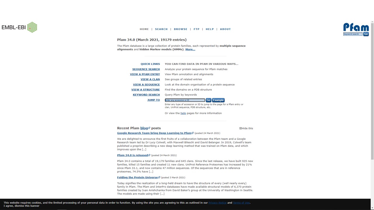 The Pfam database main page